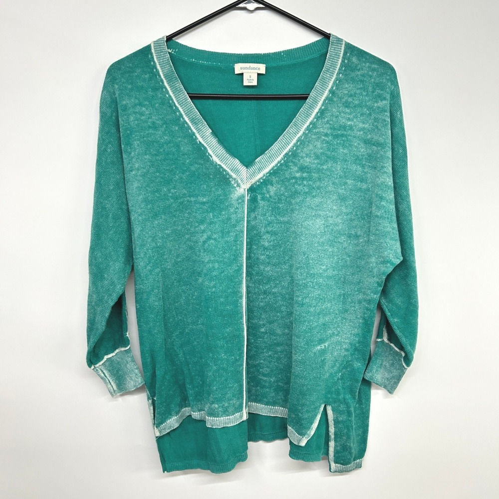 Sundance Cotton Sweater S Teal V Neck Lagenlook Artsy‎ Boho Coastal Casual Top